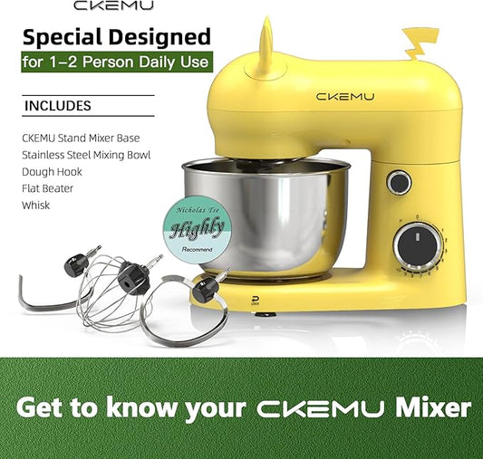 CKEMU Stand Mixer, Compact & Space-Saving, Stainless Steel Bowl, Unique & Playful Design, Effcient Motor, Dishwasher-Safe Attachments, SM-2549A (Yellow)