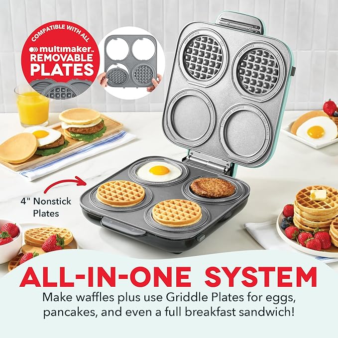 Dash MultiMaker® Family Mini Maker System - Dual Ceramic Nonstick Cooking Surfaces - Built-In Cord Wrap - Makes 4-Inch Waffles - Aqua, 8 Plates