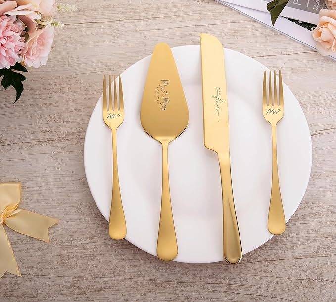 Wedding Cake Knife and Server Set, Cake Cutting Set for Wedding Gifts (Gold)