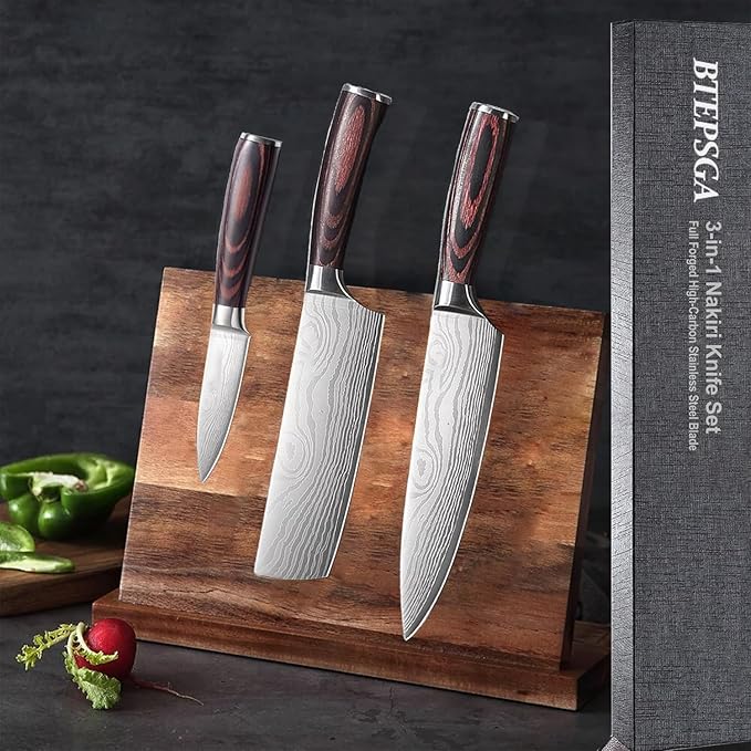 3 PCS Japanese Chef Knife Set – High Carbon Stainless Steel Nakiri Knives, Ultra Sharp Chef Knives, Multi-purpose Kitchen Knives for Precise Cutting, with Stylish Gift Box