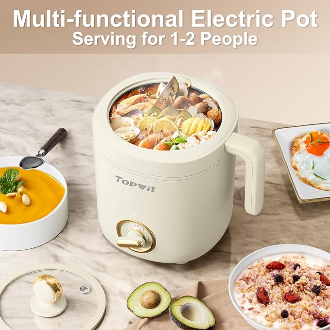 TOPWIT Hot Pot Electric Pot for Cooking, Ramen Cooker 1.2L, Non-Stick Portable Noodles Cooker for Pasta, Soup, Steak, Oatmeal, College Dorm Room Essentials, Shabu Shabu Pot with Power Adjustment,Beige