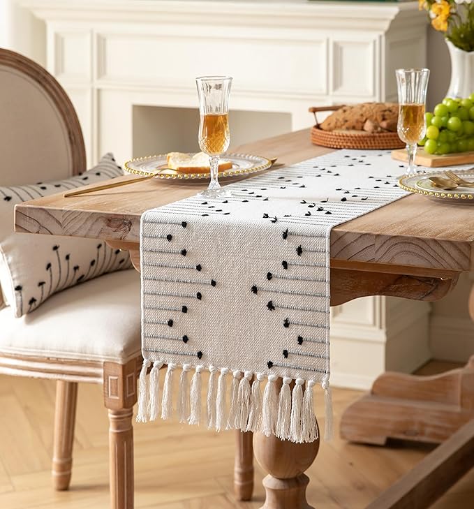 Boho Table Runner 13 x 90 Inch Long Natural Cotton Woven Runner with Tassels for Home Dining Table décor, for Modern Farmhouse Decor Coffee Table Runner, Black and Beige