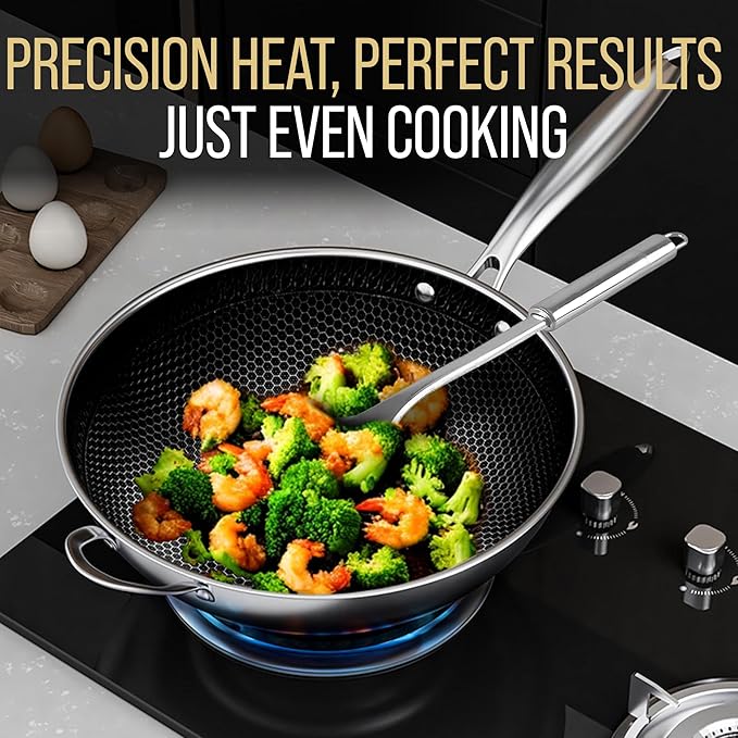 MUGAA 12.5” Nonstick Stainless Steel Wok Pan with Lid | Tri-Ply Honeycomb Hybrid Stir-Fry Pan | Nonstick Woks & Stir-Fry Pans | PFOA-Free, Induction, Dishwasher & Oven Safe