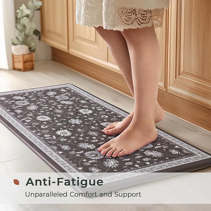 FRESHMINT Anti Fatigue Kitchen Mats for Floor 2 Piece Set, Waterproof & Non-Skid Vintage Floarl Kitchen Rugs, Cushioned Kitchen Mat for Standing Washable Comfort Desk Kitchen Runners, 17x30''+17x47''