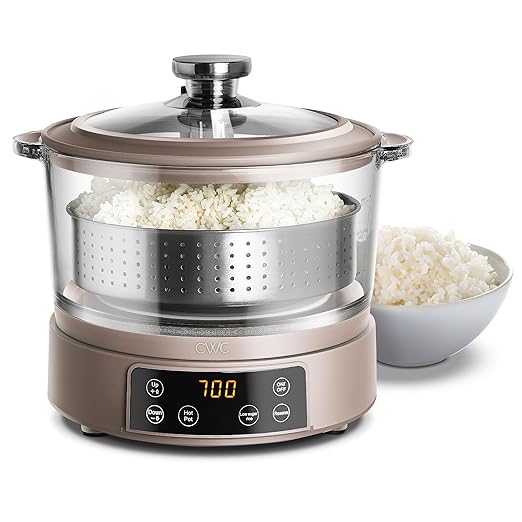 COOK WITH COLOR 3L Glass Mini Low Carb Rice Cooker – Holds 2 Cups Raw/Makes 6 Cups Cooked with Auto Lift Filter Basket, Hotpot & Steamer for Rice, Grains, Digital Panel with Keep Warm, Goat/Mink