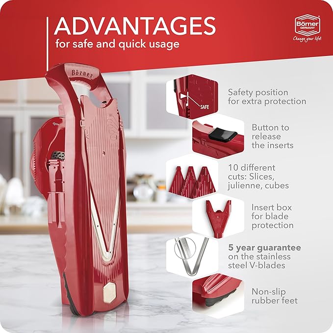 Börner Mandoline Slicer V5 (Starter Set) • Vegetable V-Slicer for Slices, Sticks & Dices in Various Sizes • With Stainless Steel V-Blade • Adjustable Kitchen Slicer • Color: Red