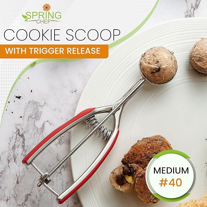 Spring Chef Stainless Steel Zester, Fine Shred & Multifunctional Medium 1.7 Tbsp Cookie Scoop, #40-2 Product Bundle - Red