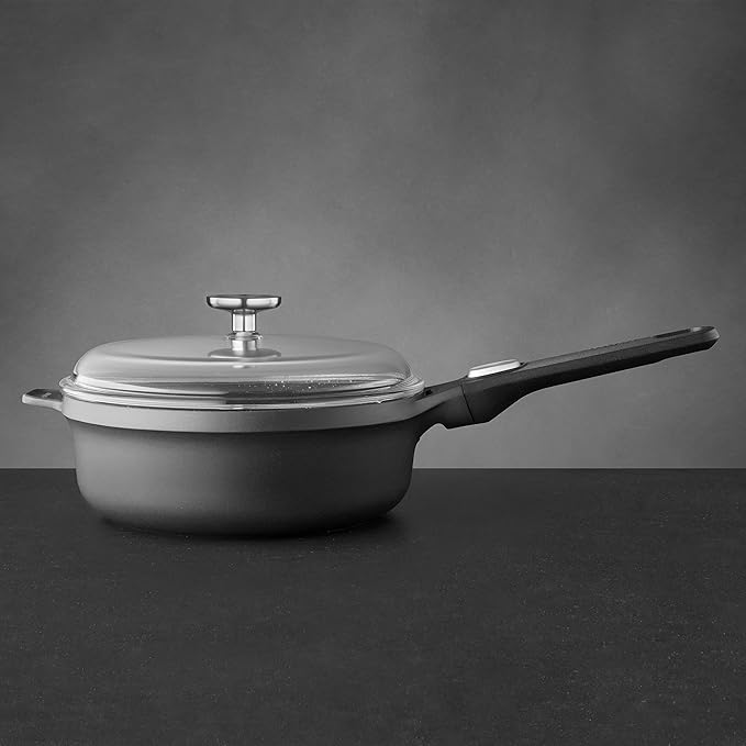 BergHOFF GEM Non-Stick Cast Aluminum Sauté Pan 10" 3.4 qt. Stay-Cool, Detachable Handle Glass Lid Ferno-Green, PFOA Free Coating Induction Cooktop Fast Heating Oven Safe