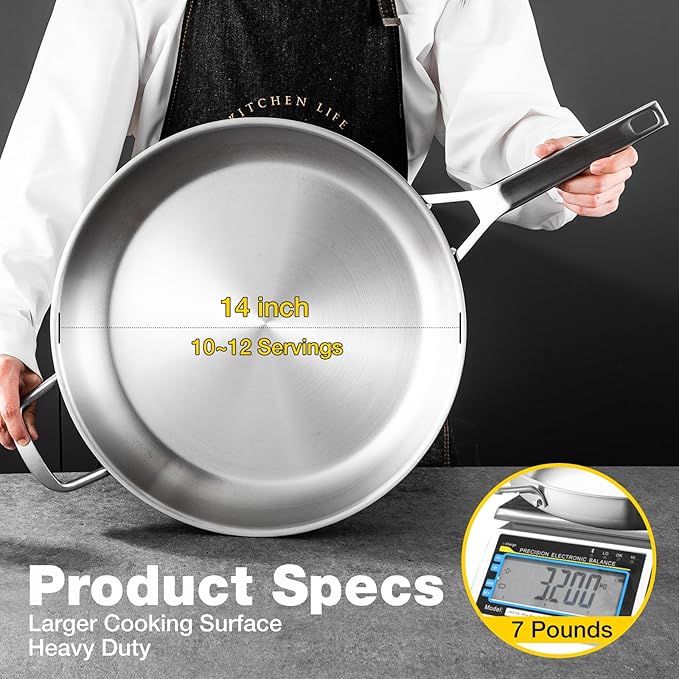 Yeksum Stainless Steel Pan,14 inch Frying Pan, Heavy Duty, Large Frying Pan, Fast & Even Heating, Up to 650°, Oven & Dishwasher Safe,Compatible with All Cooktops