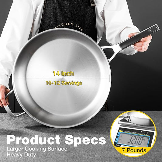 Yeksum Stainless Steel Pan,14 inch Frying Pan, Heavy Duty, Large Frying Pan, Fast & Even Heating, Up to 650°, Oven & Dishwasher Safe,Compatible with All Cooktops