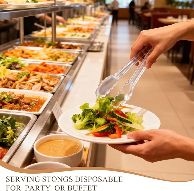 Mwellewm 24Pcs Plastic Serving Utensils 9'' Disposable Serving Spoons for Buffet Clear Forks Serving Tongs Heavy Duty Large Party Utensils Supplies for Restaurant Food Dinner Salad Noodles Soup