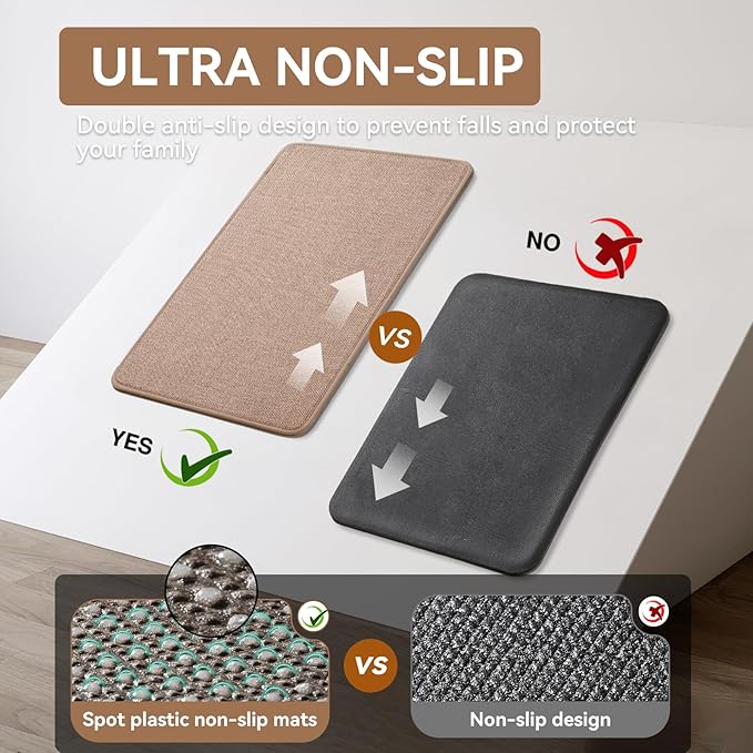 Kitchen Mat Kitchen Rugs Sets of 2 PCS Non Slip Washable, Linen-Like 0.3" Thick Cushioned Absorbent Kitchen Mats for Floor, Mild Anti-Fatigue Sink Laundry Standing Mat, Brown 17"x30"+17"x59"