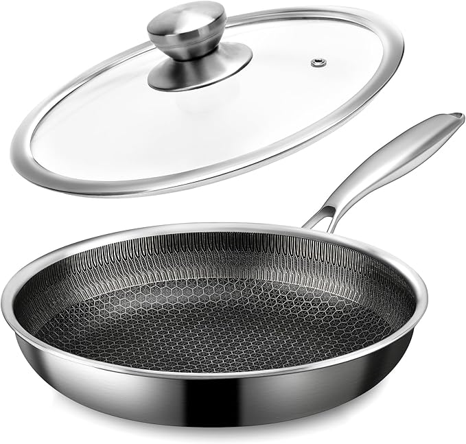 CADIVIZZO Stainless Steel Frying Pan with Lid - 11 Inch Nonstick Frying Pan with Lid, Honeycomb Stainless Steel Skillet Omelet Chef's Pan with Stay Cool Handle, Induction Compatible, PFOA Free
