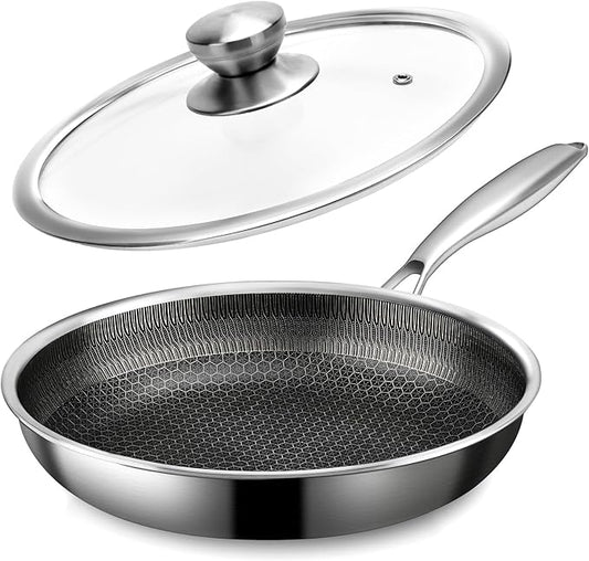 CADIVIZZO Stainless Steel Frying Pan with Lid - 11 Inch Nonstick Frying Pan with Lid, Honeycomb Stainless Steel Skillet Omelet Chef's Pan with Stay Cool Handle, Induction Compatible, PFOA Free