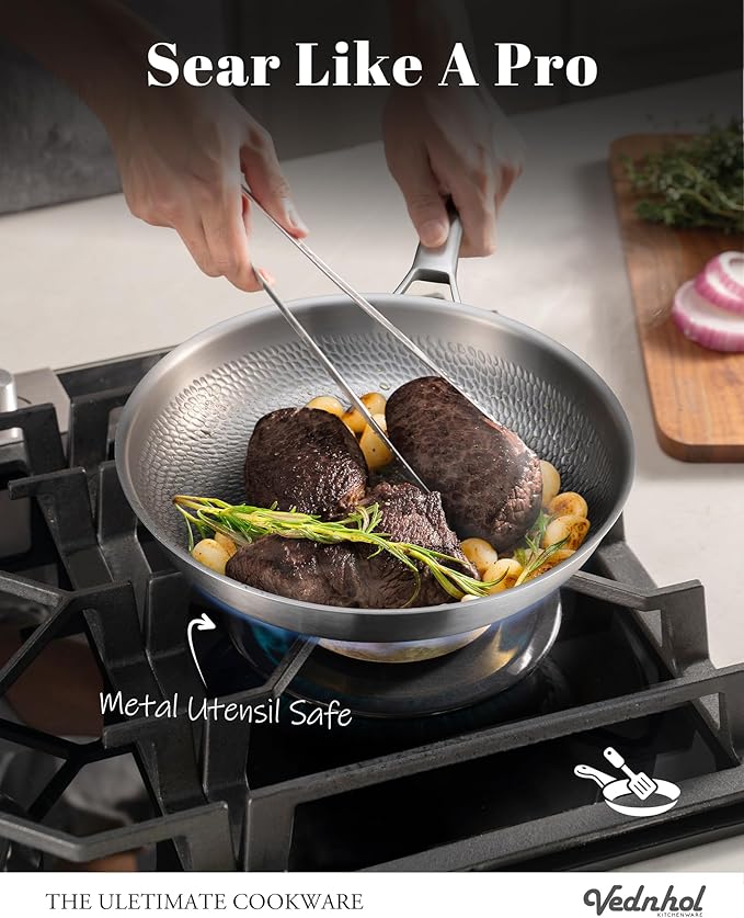 Titanium Pans set, 8+10+12Inch Pure Titanium Hammered Pro with Two Lids, Non Stick Skillet for Cooking, Non-Toxic, PFAS/PFOA/PTFE Free Cookware, Dishwasher&Oven Safe, Kitchen Induction Compatible