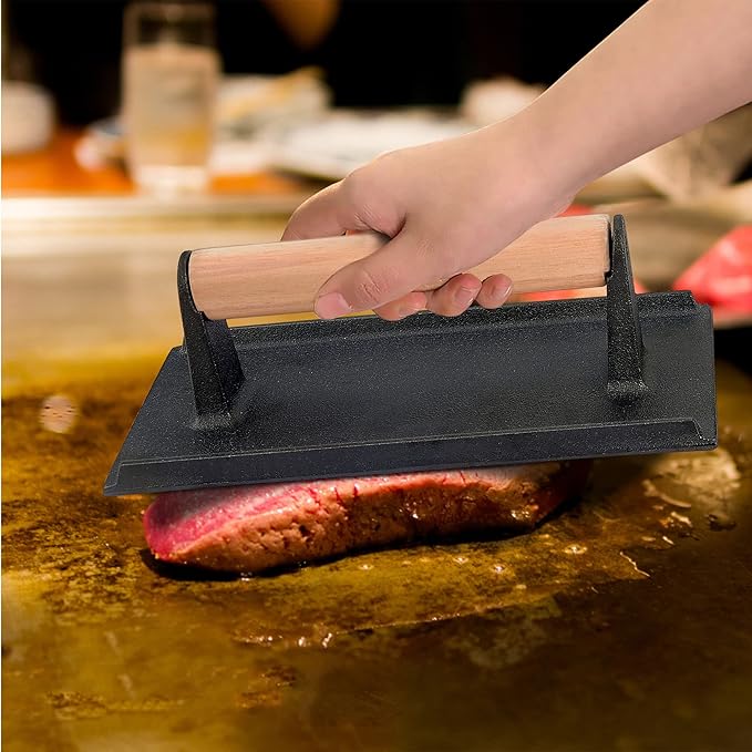 Smash Burger Press, Leonyo Cast Iron Burger Press, Heavy-Duty Hamburger Smasher Tool Griddle Accessories Kit for Cooking Bacon Steak Sandwich, Outdoor BBQ Grill - Rectangle (8.2"X4.3")