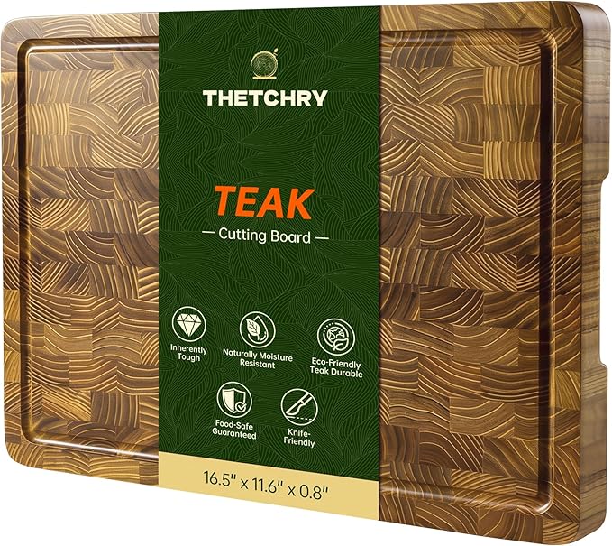 THETCHRY Teak Wood Cutting Boards for Kitchen, End Grain Cutting Board with Juice Groove Handles Non-slip Feet, Reversible Wooden Chopping Board Serving Tray for Cheese and Vegetables, 16.5" x 11.6"