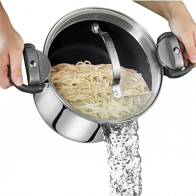 GOTHAM STEEL 5 Qt Stainless Steel Stock Pot Multipurpose Pasta Pot with Strainer Lid & Twist and Lock Handles, for Soup, Spaghetti, Rice, Induction Ready, Dishwasher Safe