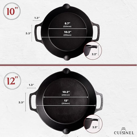 Cast Iron Skillet Set - 10" + 12"-Inch Dual Handle Frying Pans + Silicone Handle Holder Covers + Pan Scraper - Pre-Seasoned Oven, Grill, Stovetop, Induction Safe Kitchen Cookware - Indoor/Outdoor Use