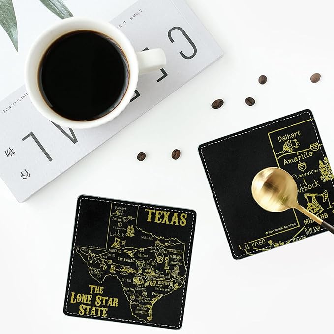 Marble Coasters Square Leather Drinks Coaster Set with Holder for Coffee Table Bar Home Decor 4 Inches Set of 6 (Texas, One Size)