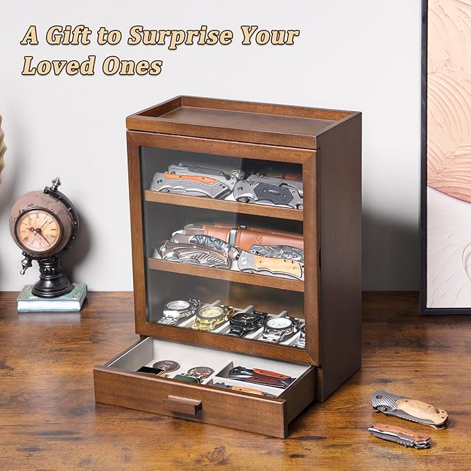 Singlispark Pocket Knife Display Case for 25 Knives, Large Wooden knife Cases for Collections, Vertical Knife Storage Case with Acrylic transparent panel for Men Gifts (Walnut)