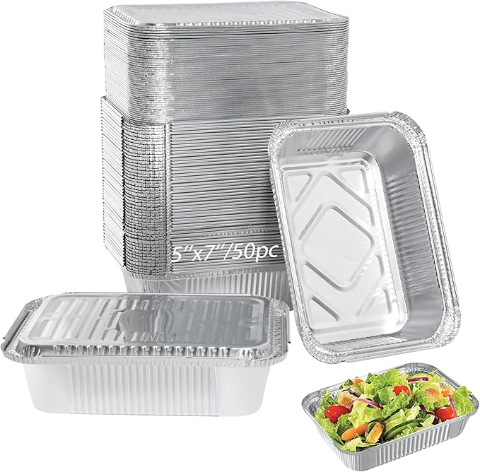 Notwoe ® Aluminum Foil Pans with Foil Lids - 50 Pack, 7"×5", 1.5 LB Capacity, Disposable Containers for Baking, Meal Prep, Freezer Storage & Takeout. (50 Pack w/Lids)