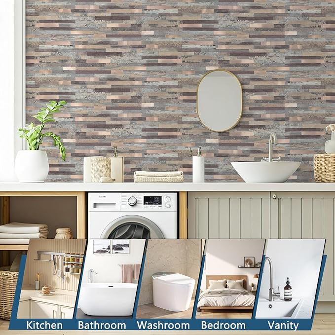 Yipscazo 10 Sheets Peel and Stick Stone Metal Backsplash Tiles, PVC Wall Tiles Stick on Backsplash for Kitchen, Bathroom (6'' X 12'', Rustic Wood)