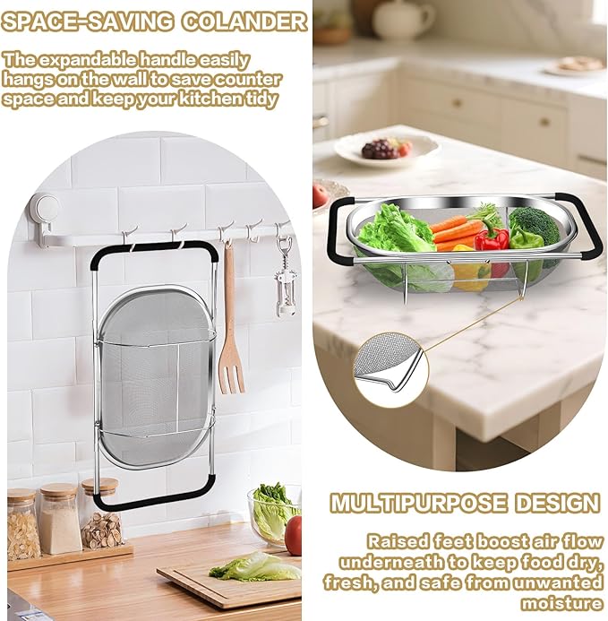 Over the Sink Colander - 6QT Strainers and Colanders - Stainless Steel Strainer - Expandable Sink Colander with Rubber Grip for Strain, Drain, Rinse Fruits, Vegetables, Home Kitchen Essentials