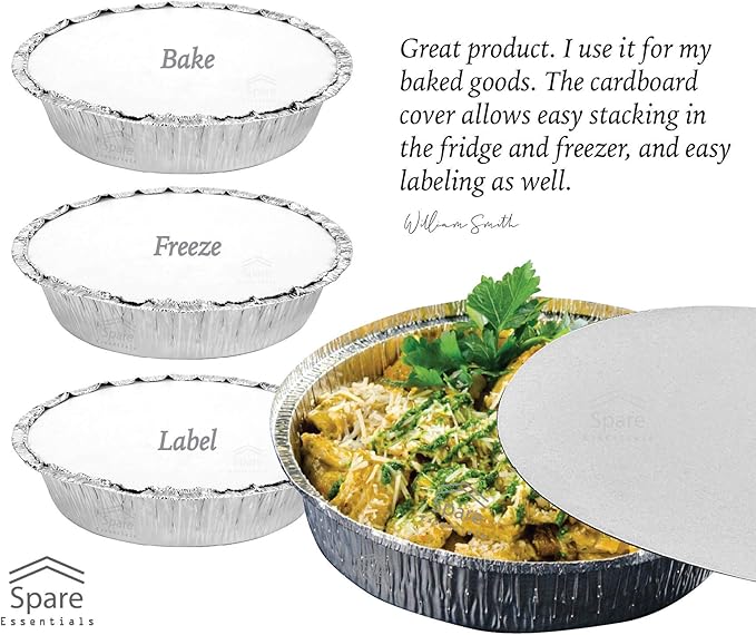Spare Essentials (55 Pack) 7" Round Foil Pans with Lids - Small Aluminum Pans - Freezer & Oven Safe Round Aluminum Pans with Lids - Takeout Containers for Baking, Roasting, Air Fryer Food Storage