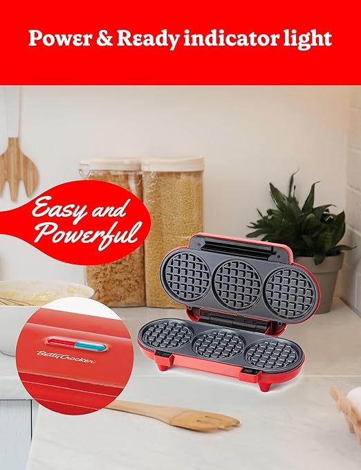 Betty Crocker Mini Multi-Waffle Maker, 1200W Kitchen Appliance for Home and Kitchen, Makes 3 Waffles at Once, Non-Stick Coating, Automatic Temperature Control, Cool Touch Handle, BC-5886R, Red