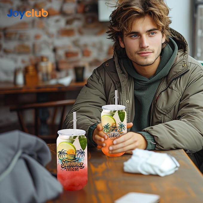 Joyclub 8 Pack Sublimation Cups 16 OZ Frosted Glass Cans Blanks with Clear Lids Mason Jars for Iced Coffee Beer Juice and Soda Drinks