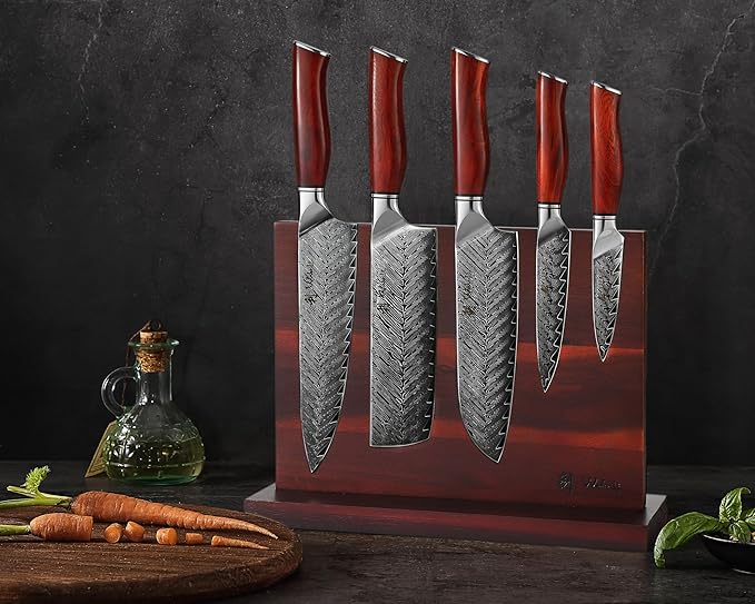 Wakoli Rose Elegance Knife Block Set – 5-Piece Professional Damascus Kitchen Knife Set with Magnetic Block – 67-Layer Damascus Steel with VG10 Core, Ergonomic Rosewood Handles in Gift Box