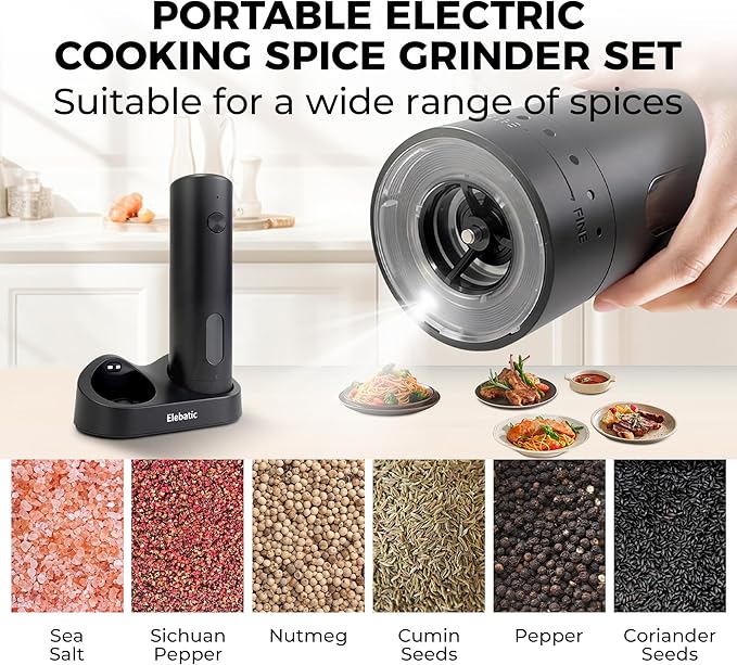 Upgraded Larger Capacity 110ml Electric Salt and Pepper Grinder Set, Rechargeable Automatic Salt and Pepper Shakers with LED light,Kitchen Appliances with External 6 Adjustable Coarseness