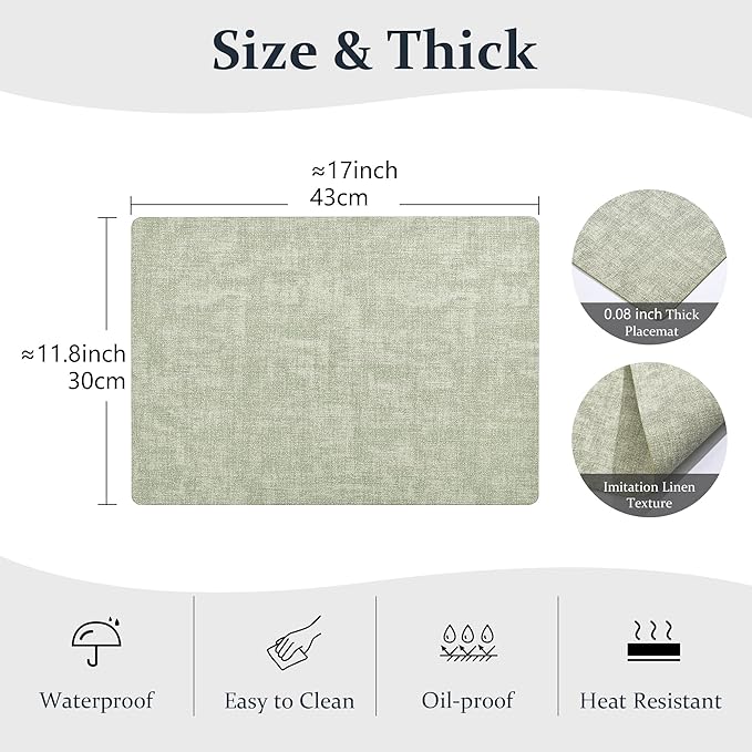 FROMHEART Faux Leather Placemats Set of 4–Waterproof,Heat/Oil Stain-Resistant PU Table Mat–Reversible,Non-Slip,Easy to Clean Place Mats for Kitchen,Dining,Indoor/Outdoor,(Light Green,11.8" x 17")