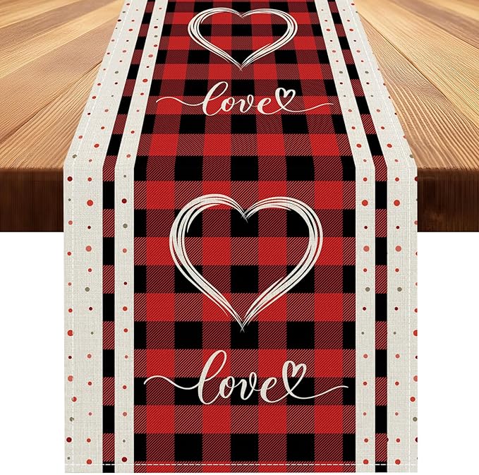 Valentines Day Table Runner 13x120 Inch, Buffalo Plaid Love Hearts Valentine Table Runner, Anniversary Home Kitchen Dining Table Holiday Party Decorations