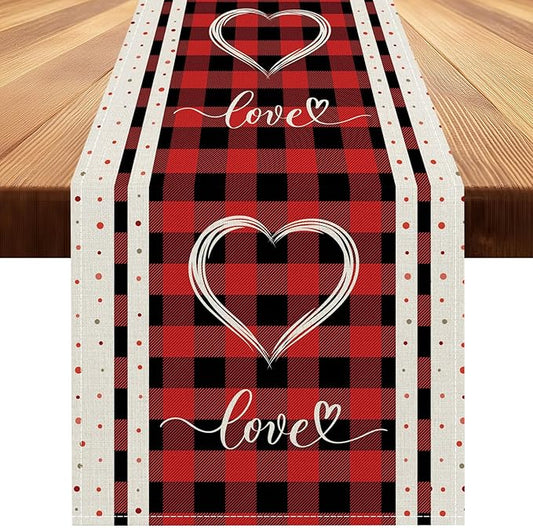 Valentines Day Table Runner 13x120 Inch, Buffalo Plaid Love Hearts Valentine Table Runner, Anniversary Home Kitchen Dining Table Holiday Party Decorations