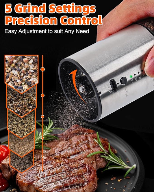 Electric Salt and Pepper Grinder Set, 1-Pack 240ML Capacity, USB-C Rechargeable 4-Timing Settings, Automatic Salt and Pepper Shakers, One-Handed Operation, Birthday Gifts for Women Mom