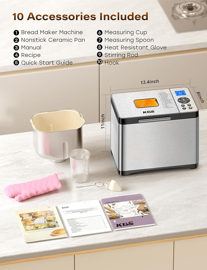 KBS 2LB 19-in-1 Programmable Bread Maker, Stainless Steel Bread Machine with Nonstick Ceramic Pan,650W Bread Maker Machine with 15H Timer&1H Keep Warm,Sourdough,Gluten Free,3 Colors,53 Recipes,Silver