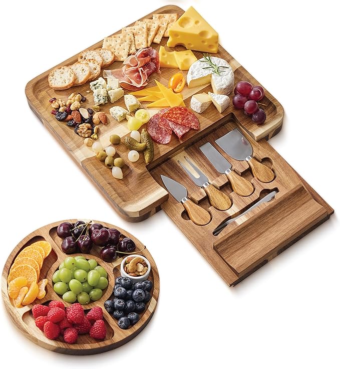 OOZi Charcuterie Board Set – Stainless Cheese Knives & Fruit Tray Included, Ideal for Birthday, Wine Nights, Housewarming & Christmas Gifts