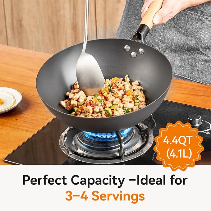 VIVIDCOOKWARE 11.8 Inch Carbon Steel Wok, Flat Bottom Stir Fry Pan with Glass Lid, Uncoated High-Purity Iron Wok for Family Meals, Compatible with Gas, Electric & Induction Cooktops