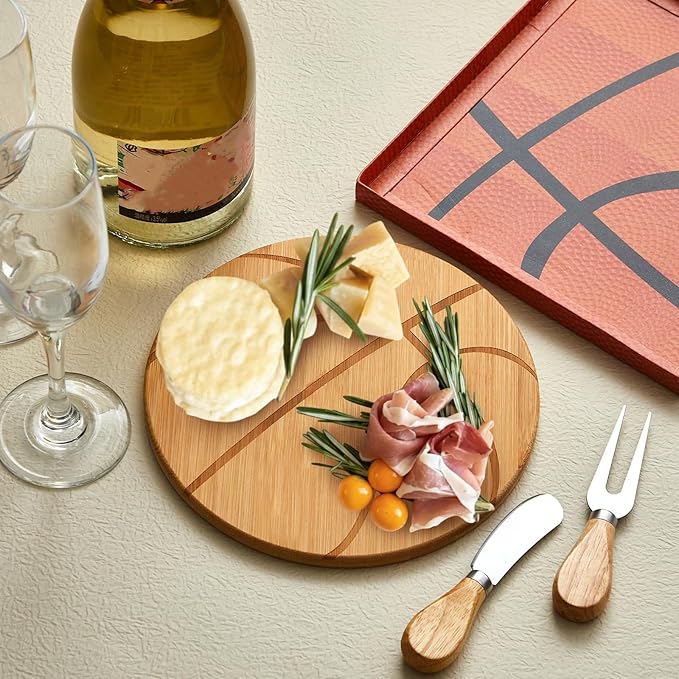 Ziliny Basketball Cheese Board Gift Set Party Favor Prizes Charcuterie Wood Board with Knives and Box Father Day Gift for Dad Grandpa Party Tournament Game(7.9"x 7.9", Bamboo Color)