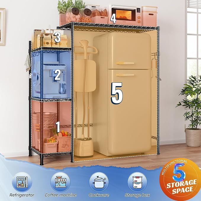 REIBII Mini Fridge Stand Small Refrigerator Storage Shelves,4 Tier Space-Saving Coffee Bar Cabinet, Adjustable Utility Microwave Stand Storage,Shelf for Dorm Kitchen Living Room,38.1Wx18.11Dx52.36H