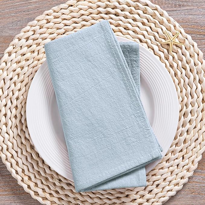MLMC 8 Pack Silver Blue Cloth Napkins Rustic Washable Cotton Linen Napkins Set of 8 17"x17" Reusable Dinner Napkins Cloth for Spring Easter Wedding Birthday Party Everyday Use Decor