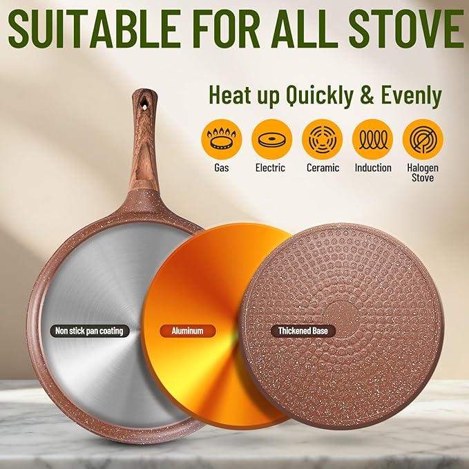 AOSION Crepe Pan Nonstick 11 Inch,Dosa Tawa Creamic,Tortilla pan For Pancake Steak Crepe Salmon,Flat Pan With Ergonmic Handle For All Stoves Top,Brown
