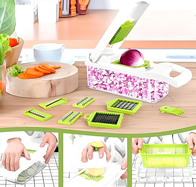 All-in-One Vegetable Chopper and Spiralizer Food Chopper with Container, Fruit Slicer, House Essentials, Kitchen Appliances & Gadgets