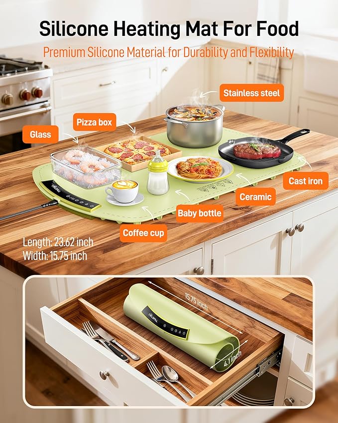 Warming Mat for Food, Electric Food Warming Mat with 8 Temp Level and 4H Timer, Silicone Chafing Dishes(24"x16"), Rollable & Portable Warming Trays for Buffets Party (Green)