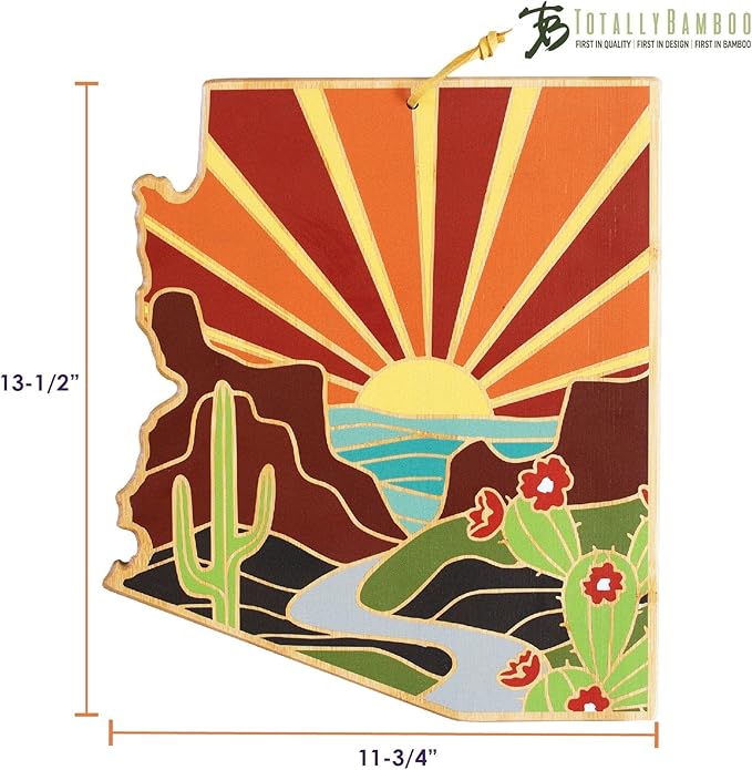 Totally Bamboo Arizona State Shaped Cutting Board and Charcuterie Serving Platter with Artwork by Summer Stokes, Includes Hang Tie for Wall Display