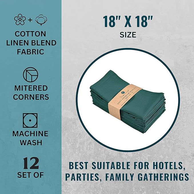 FINGERCRAFT Cloth Napkins, Cotton Linen Mitered Corner Soft Durable Washable Eco-Friendly Napkins Cloth 12 Pack, 18x18 inch Premium Quality for Home Hotel Parties Christmas Wedding Dinner Teal
