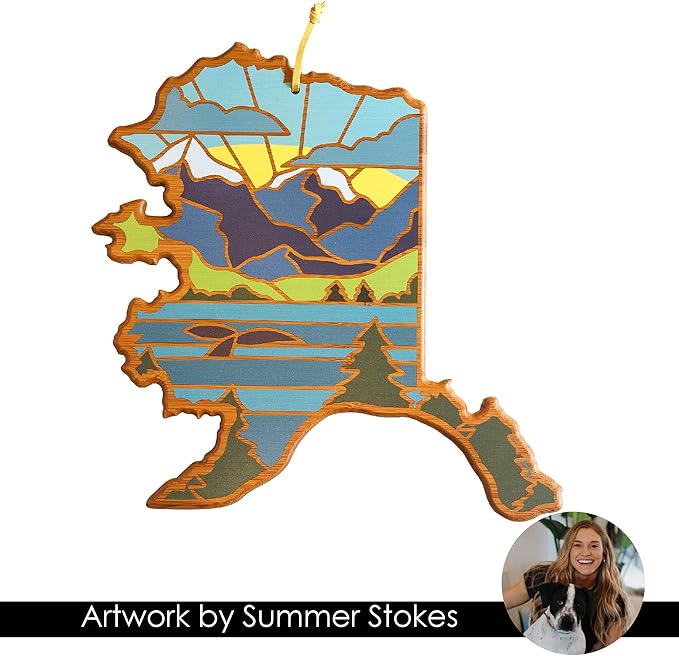 Totally Bamboo Alaska State Shaped Cutting Board and Charcuterie Serving Platter with Artwork by Summer Stokes, Includes Hang Tie for Wall Display