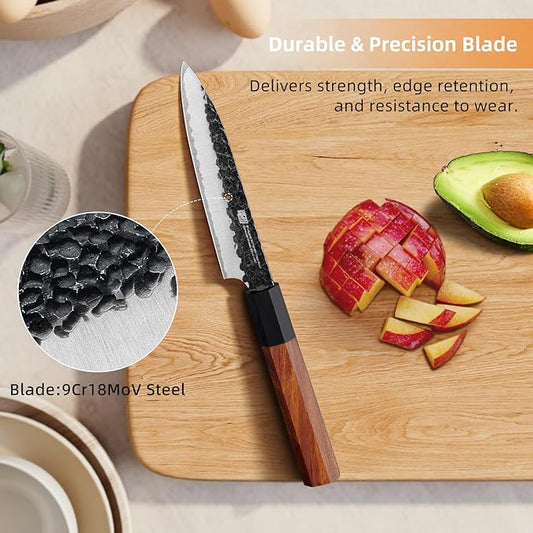 FINDKING Dynasty Series Kitchen Utility Knife, Multi-Purpose Japanese Paring Knife, 9Cr18MoV High Carbon Steel Blade, African Rosewood Octagonal Handle, Small, for Fruits Vegetables, 5 Inches